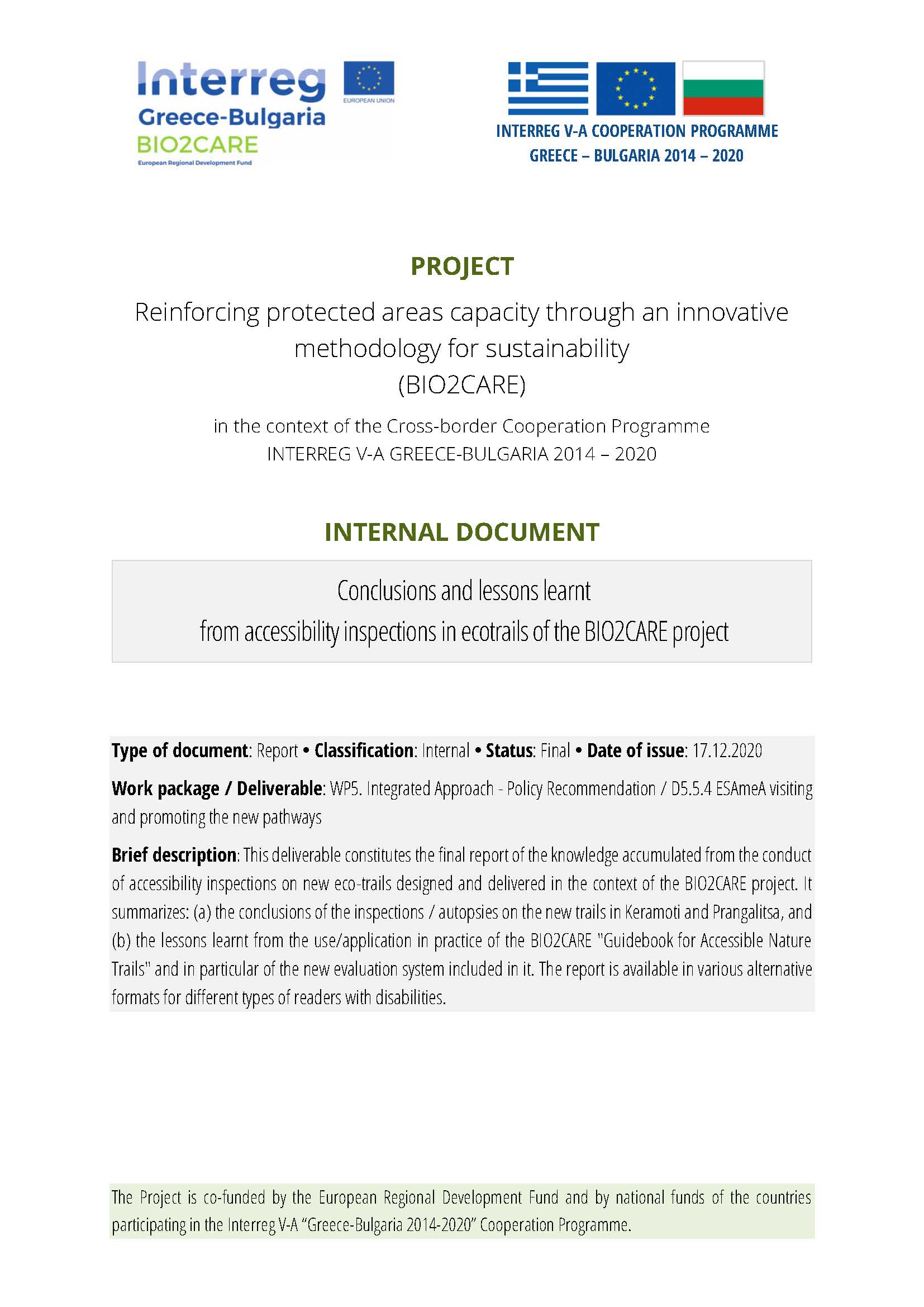 Conclusions and lessons-learnt from accessibility inspections in ecotrails of the BIO2CARE project (Cover)